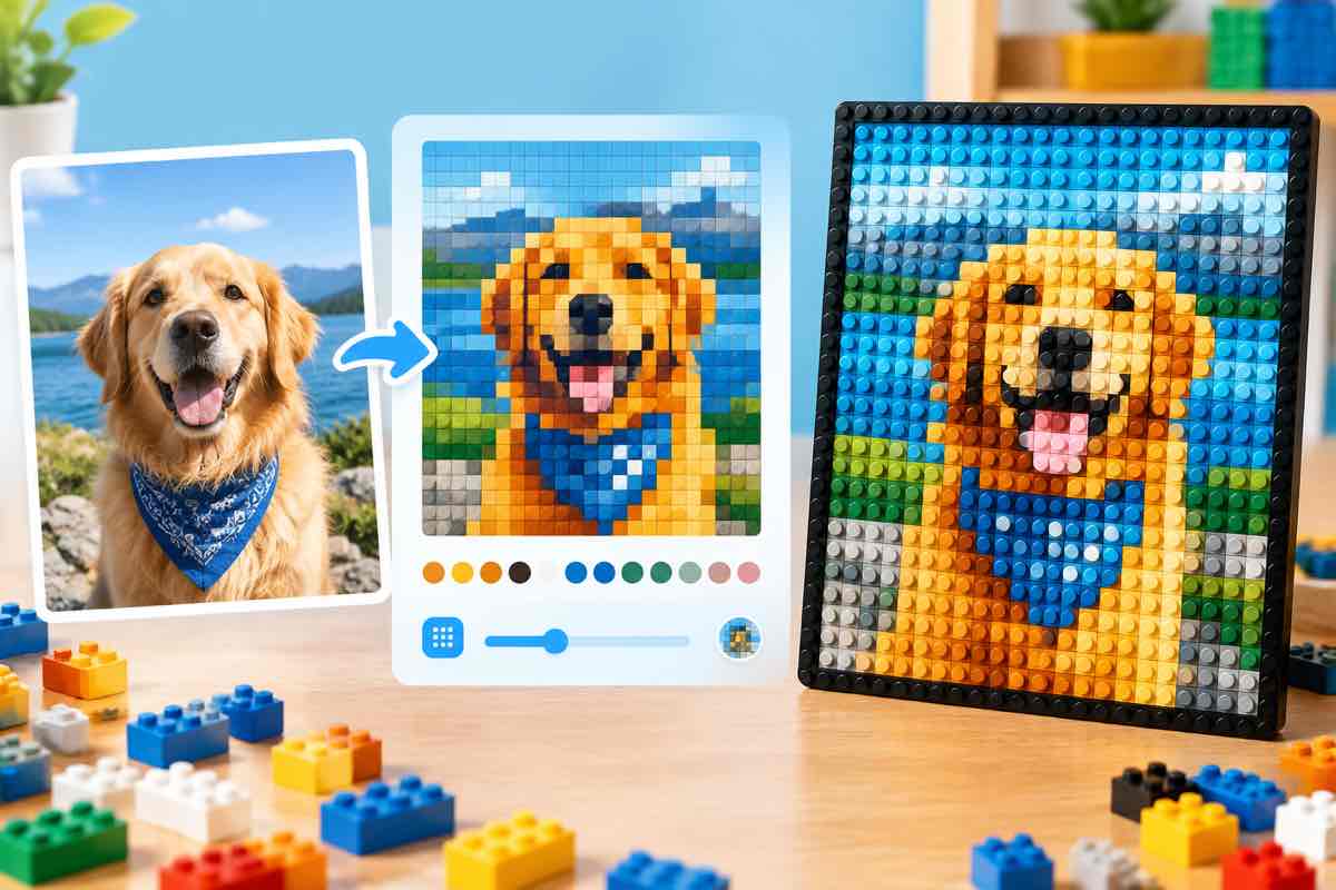 Uploading a photo and previewing it as a brick mosaic grid