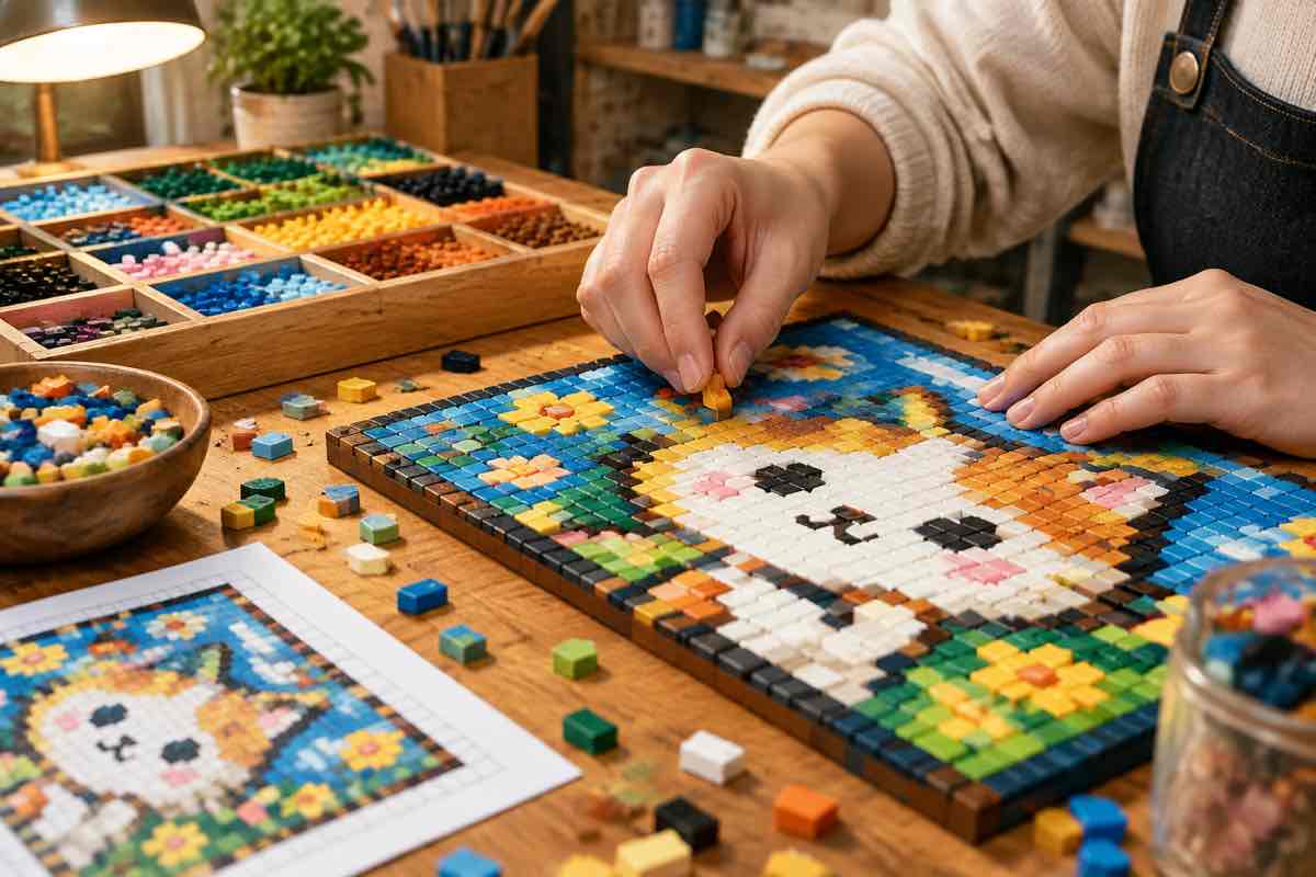Hands placing a colorful brick tile into a pixel-art pattern